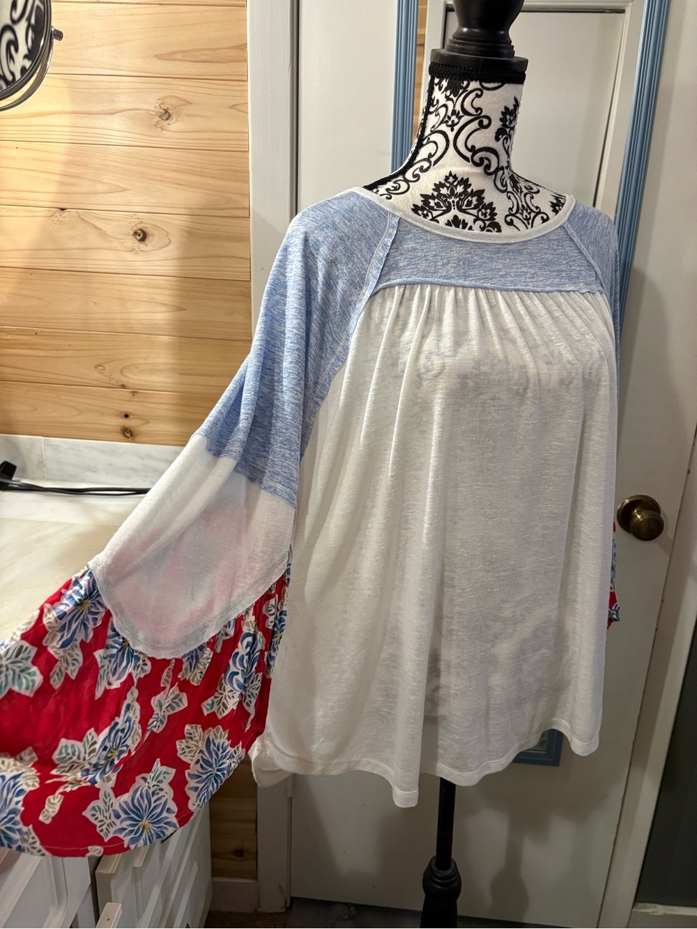 Boho Floral Bell-Sleeve Top - White, Light Blue & Red